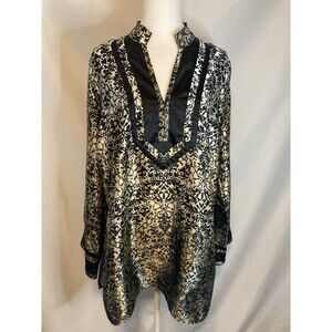 Lane Bryant Women 18 20 Top Caftan Kaftan Blouse Black Gold Paisley Silky Tunic